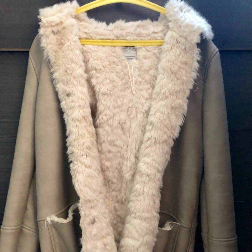 Zara grey long faux leather fur lined coat NWT